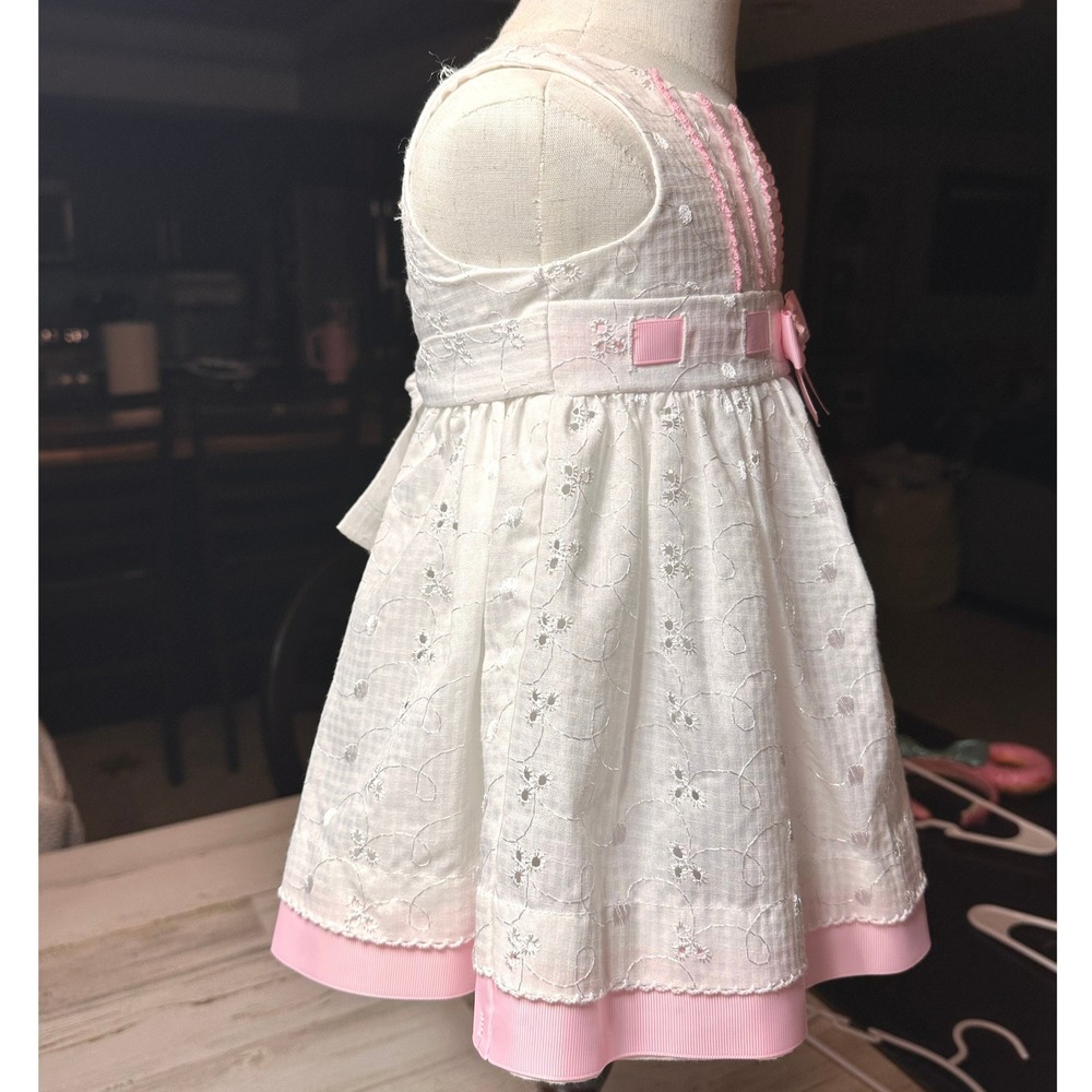 Bonnie Baby Embroidered Dress Kids 12M White Pink NEW Floral Ribbon R57443-PV - Picture 4 of 7